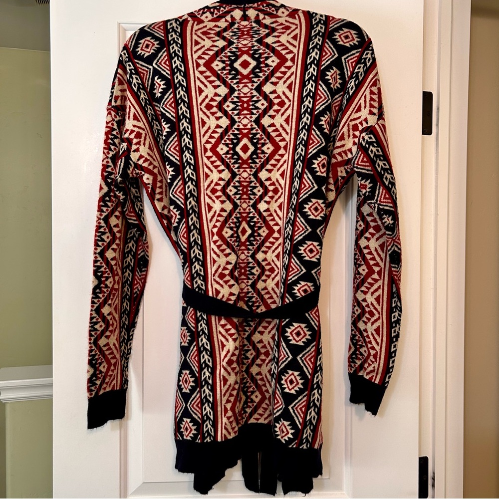 Under Skies Aztec Tribal Dark Red Navy Blue Belted Open Cardigan Size L Boho - Picture 3 of 9